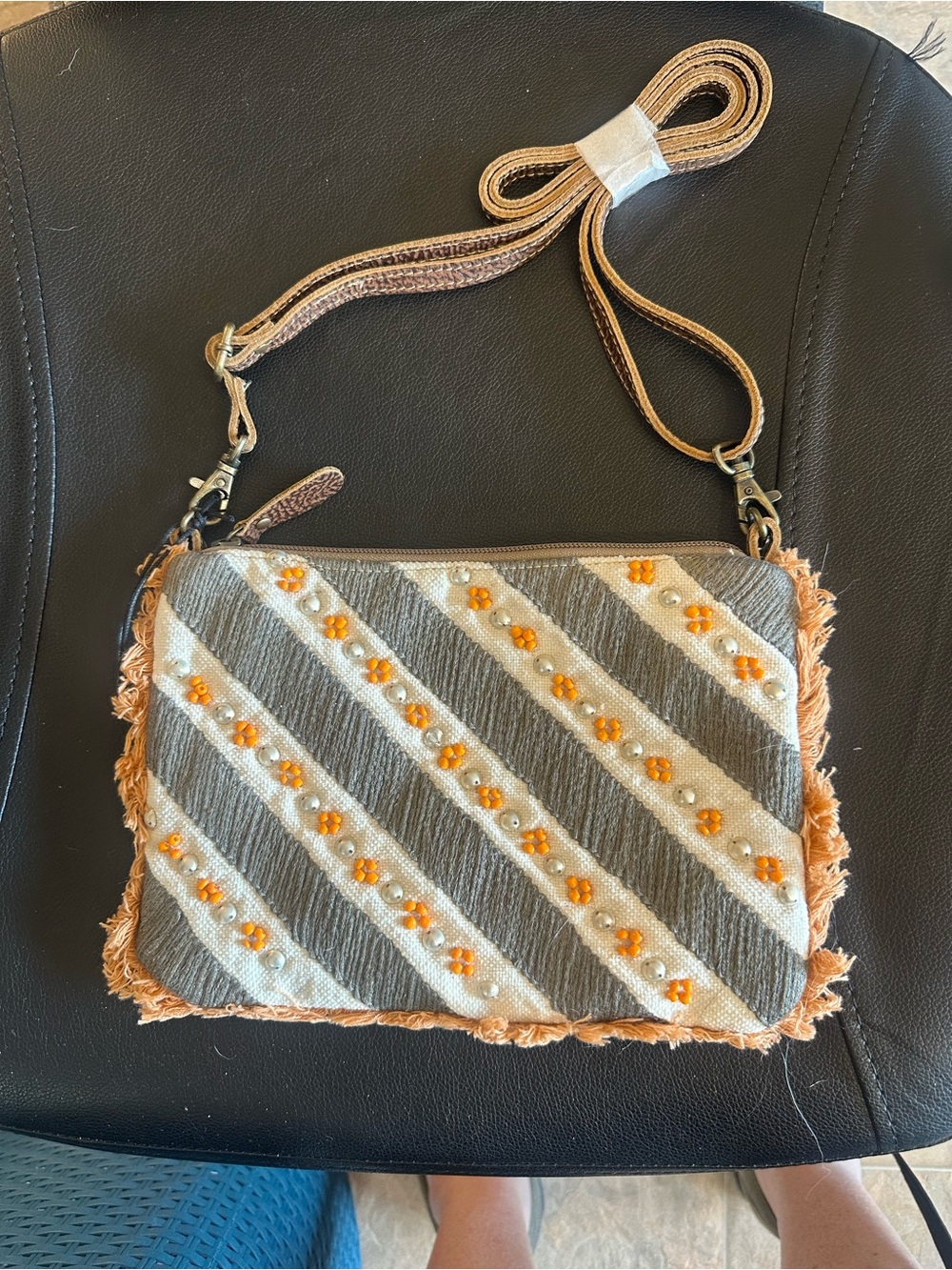 Myra Bag Gray and Peach Beaded Diagonal Stripe Crossbody